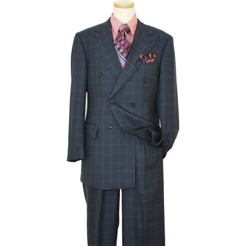 Masteloni Collection Navy Blue / Sky Blue / Mauve Windowpanes Super 150'S Double Breasted Suit 2203